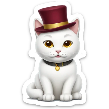 
white cat with a New Year's burgundy hat on his head and a collar sticker