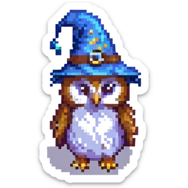 pixel art owl perched, wizard hat, magical vibe sticker