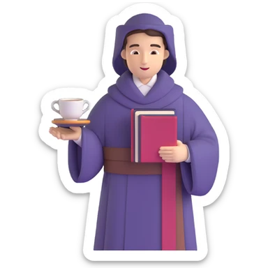 person with book and teacup, Chaucer in medieval robe behind, simple background sticker