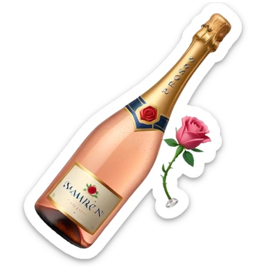 bottle of sparkling rosé champagne with a rose logo on the label, with the cork popping out from the top, tilted up and to the left, no glass sticker
