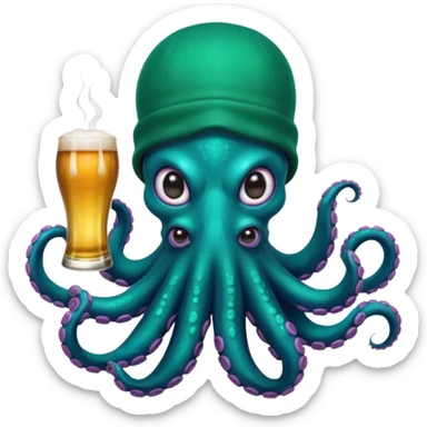 Epic octopus with an iridescent green base layer coloring and pearl black secondary layer of color, with teal neon colored suction cups under the tentacles. Octopus is wearing balaclava, a backwards hat, is holding 2 beers, and has a white teardrop face tattoo sticker