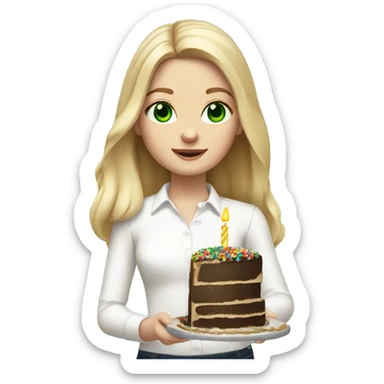 White girl with blonde straight hair, dark green eyes, white shirt, birthday cake in hands sticker