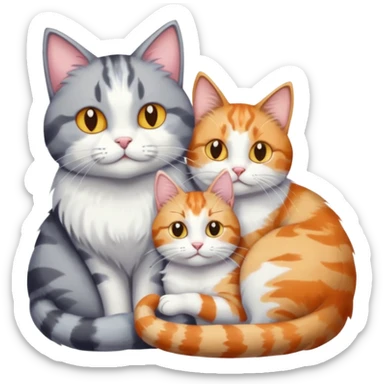 big grey and white cat cuddling a colourful light patched calico + white tabby cat sticker