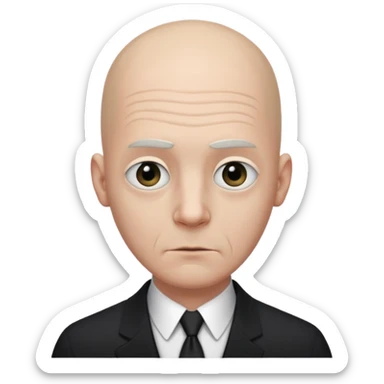 Extremely tall, pale gray-skinned man with a bald head, heavy brow, sunken eyes, a long gaunt face, and a black suit with a white shirt collar visible. sticker