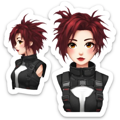Gorgeous techwear anime style lady with blushing face aesthetic and pretty edgy black red punk messy hair with collar and harness trending style sticker