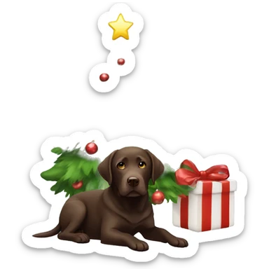 Chocolate Labrador under a Christmas tree sticker