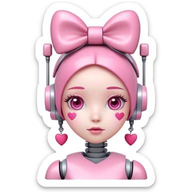 cute pink robot girl with a bow on her head and heart decorations sticker
