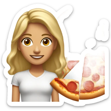 young adult woman with dirty blonde hair and amber eyes with Mexican facial features eating pepperoni pizza sticker