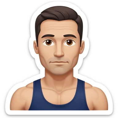 Athletic 40-year-old man with light brown skin, elongated face, strong jawline. Confident expression with medium dark eyes, arched eyebrows. Wavy dark hair in modern cut. Wearing a navy blue tank top showing fit physique. sticker