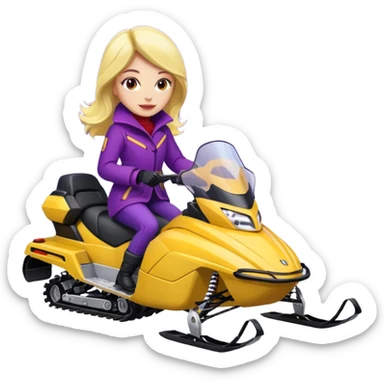 Woman wearing red coat  on purple and yellow snowmobile sticker