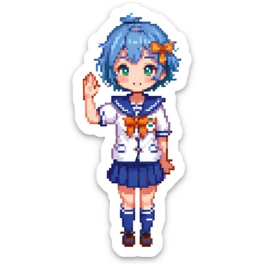 Pixel art anime girl with short bright blue hair wearing Japanese sailor style school uniform, composed posture with hand on hip but shyly waving with other hand, blushing face and timid smile, very shy expression sticker
