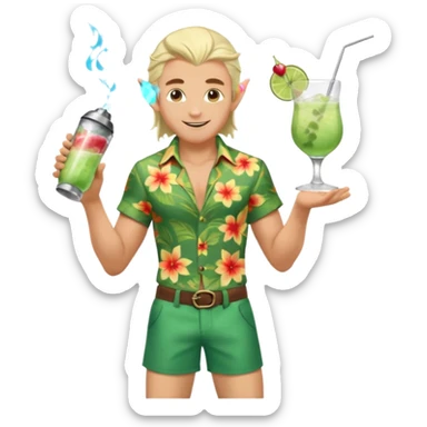 elf male legolas Unbuttoned Hawaiian shirt, swim trunks, shaking a cocktail shaker (sparks flying) sticker