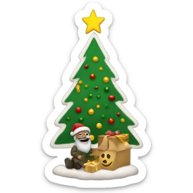 a mason enjoing near to a chrismas tree sticker
