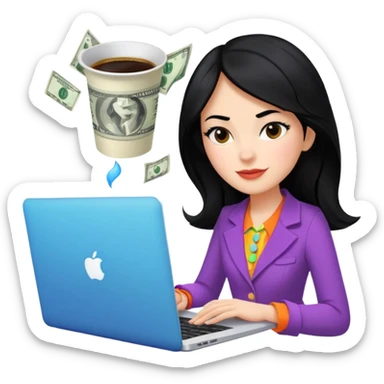  woman character with laptop and coffee in Paris, dollars coming out from the screen floating, colorful chic outfit, white laptop, Pixar style, black hair, fair skin,  sticker
