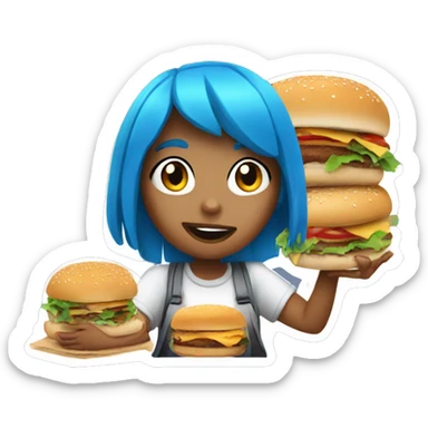 Girl with blue hair eating a burger sticker