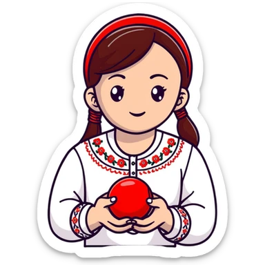 Ukrainian young girl in a white embroidered shirt holds a red ball of thread in her hand sticker