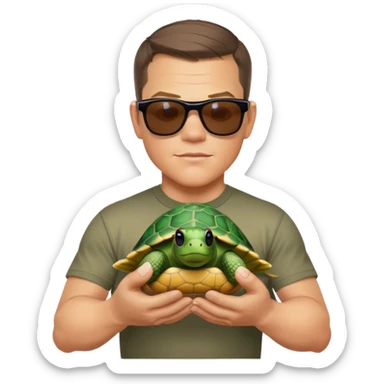 matt damon with a turtle in sunglasses in his hands sticker