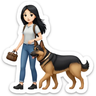 A girl with long black hair walking a German Shepherd sticker