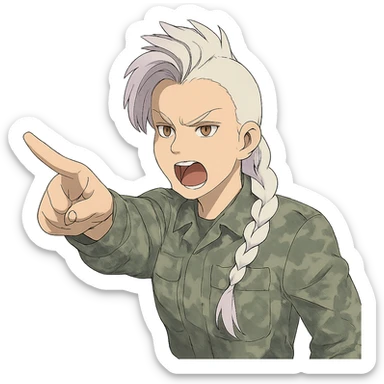 Style of Anime, 1 female, gold yellow eyes, white hair lavender tips, locks in front, mohawk, long white braid, she is a drill sergeant at work, focused facial expression, shouting command, eyes looking down in front of her, pointing a blade hand gesture to the forward direction, uniform of gray large scale digital camo sticker