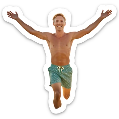 A white man running into the ocean with arms wide open, embracing the waves and the moment. The sun shines warmly, and the water sparkles, symbolizing the joy of creating fun and appreciating life’s simple moments. Their footprints in the sand fade as they fully immerse themselves in the present. sticker