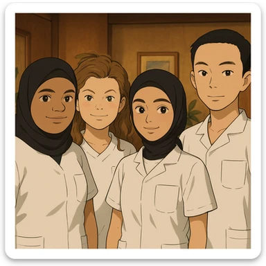 Four nursing students standing side by side in a warm indoor setting, wearing white medical tunic-style uniforms with short sleeves, V-neck collar, no collar at the neck, no undershirts or stethoscopes, left chest pocket visible, in Ghibli style. sticker