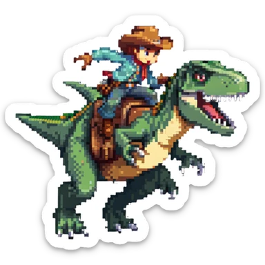 cowboy sliding down the back of a t-rex, dynamic action pose sticker