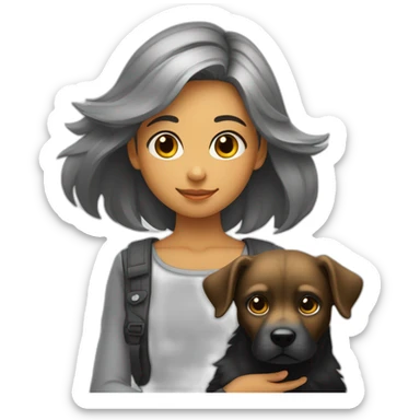 Fille aux cheveux noirs qui portent un chien gris dans ses bras sticker