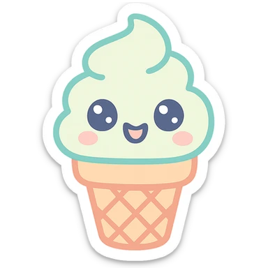 vanilla ice cream cone Marvi style, kawaii style, cute face, big eyes, happy expression, soft colors, simple or transparent background sticker