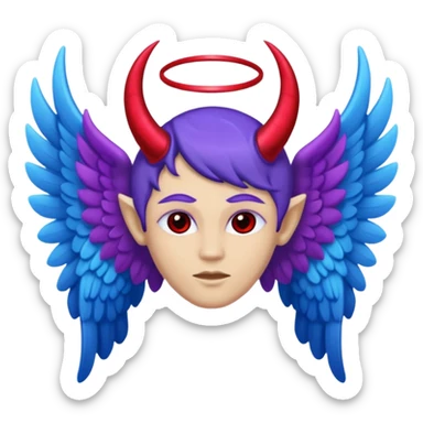 The letter o in black, purple Angel wings, red devil horns, and blue halo on top sticker
