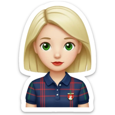 School uniform with navy polo shirt and navy plaid skirt with green white and red  sticker