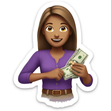 tan emoji woman with purple shirt and brown hair holding money and smiling sticker