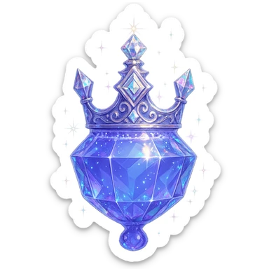 crown-shaped luxurious elixir bottle, color #7986cb, multi-layered holographic and silver details, intricate crystal facets, magical radiant glowing and sparkling effects, seamless and beautifully joined rounded bottom (not flat), very small neck, transparent background, floating clearly in air, not standing, no base or shadow, modern, extremely beautiful, matching a collection sticker