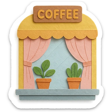 cute coffee shop window with plants and soft pastel curtains, hand-drawn style sticker