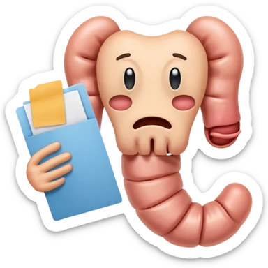 emoji stile iphone 3d di un intestino triste con espressione dolorante e un foglio in mano con la scritta "DIAGNOSI DI IBS", SENZA SFONDO sticker