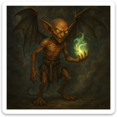 Add a smoky, magical background behind Igor the mephit, keeping the fantasy vibe. Maintain the fantasy style and atmosphere in the background to complement the character. sticker