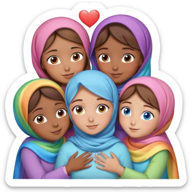 Four sister hugs Turkish girls beautiful finish Konya brown blue eyes with raimbow pastel hijab and heart dress and hugs  sticker