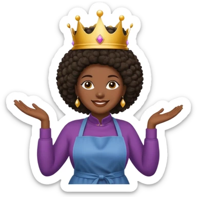 Mujer curvy afro, con vestimenta cómoda y delantal,con una corona sobre su cabeza y sonrisa contagiosa.  sticker