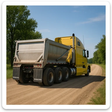 ultra-realistic rear three-quarter angle view of a Volvo yellow semi sleeper truck and silver end dump trailer, both in normal position, driving away down a photorealistic dirt road with trees and grass on both sides, blue sky sticker