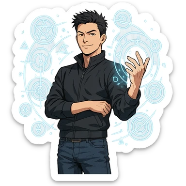 the strongest sorcerer of the modern age, confident pose, magical symbols, contemporary style sticker