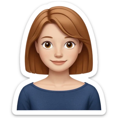 emoji of a woman named Freya McOmish, smiling, light brown hair, subtle freckles, modern casual style, wearing a Bateau-Boat Neck top sticker