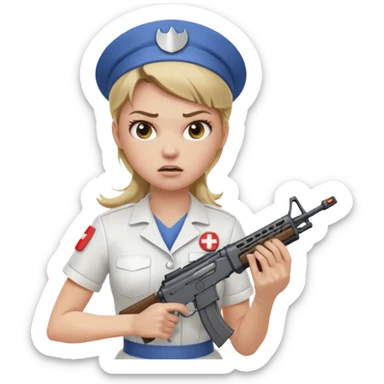 angry dark blonde nurse with an assault rifle sticker