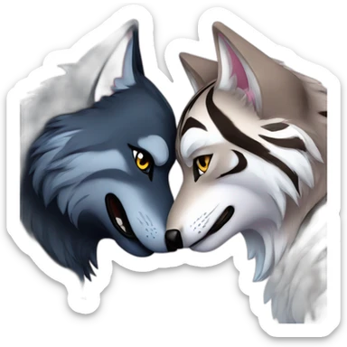 Black wolf with blue eyes kissing gray tiger with pink eyes sticker