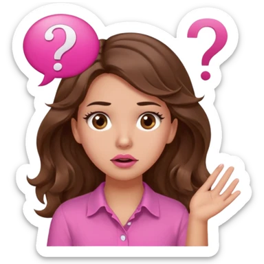 girl with long wavy brown hair, brown eyes, light to medium complexion, in a pink shirt, pink lips, long lashes, confused, question mark one speech bubble sticker