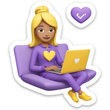 3D clay character relaxed with laptop and coffee, floating icons (envelope, heart, dollar), purple (#8B5CF6) outfit, bright yellow (#FBBF24) icons, white laptop, Pixar style, transparent background sticker