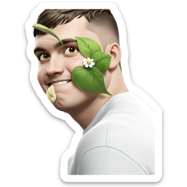 boy in white shirt with flowers sticker