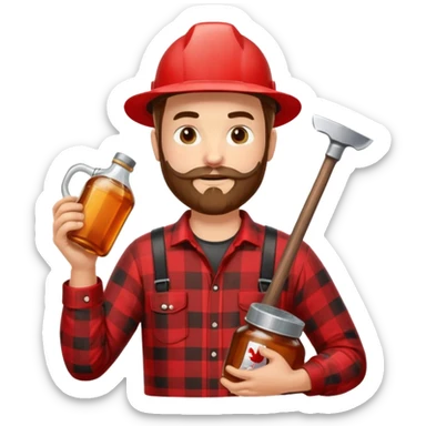 I want a Canadian lumberjack wearing a red and black plaid shirt drinking maple syrup out of the maple syrup bottle and holding a axe in the other sticker