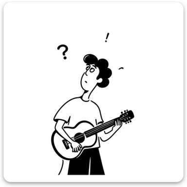 A musician holding a guitar, with a worried expression, looking up at the sky, concerned face, furrowed brow, waiting for an opportunity sticker