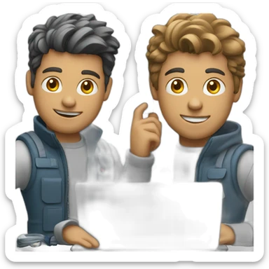 two tech guys working on a laptop sticker