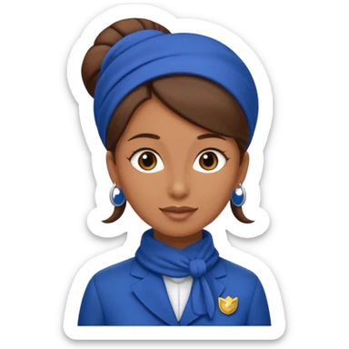 Brown tan skin flight attendant, brown hair in a bun, blue uniform, blue scarf sticker