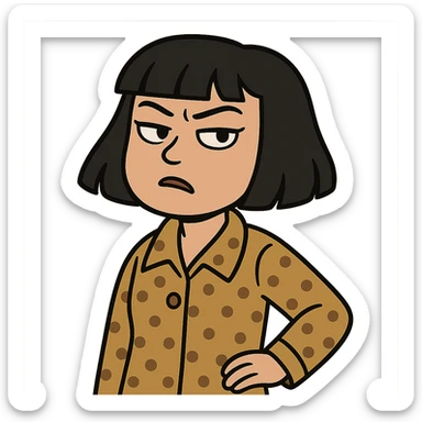 girl with black bob-cut hair, dotted coat, Chinese appearance sticker